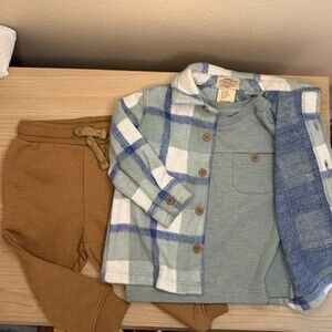 NWOT 3 Piece Telluride Clothing Co Baby Boys Coat/Shirt/Jogger 9-12Mo Tan/Green